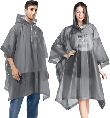 Produktbild von 2er Set Transparente Regenponchos mit Kapuze und Tunnelzug - Wasserdichte Regenjacken für Damen und Herren - Faltbare Ponchos für Camping und