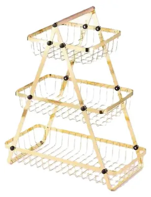 Produktbild von 3-stöckige Etagere mit Griff, Obstkorb in Gold - Tragbar & Platzsparend