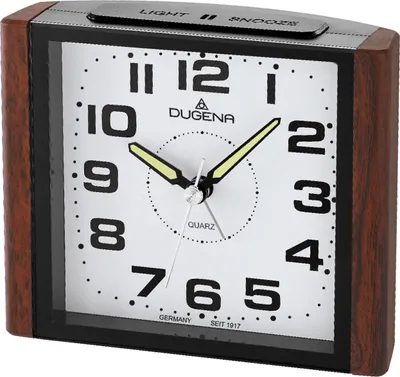 Obrázok produktu pre Kremenný budík DUGENA 4460592, plazivá sekunda, s ručičkou budíka, opakovačom budíka, LED osvetlením ciferníka, signálom stúpajúceho budíka, rozmery 12 x 10 x 4,3 cm