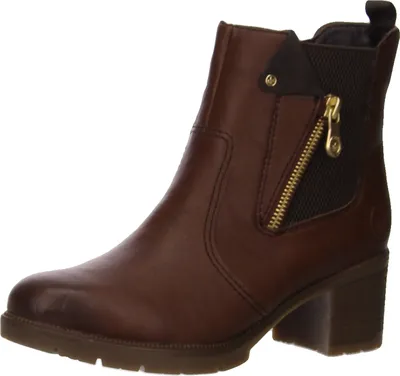 A brown leather ankle boot with a side zipper and elasticated panel.