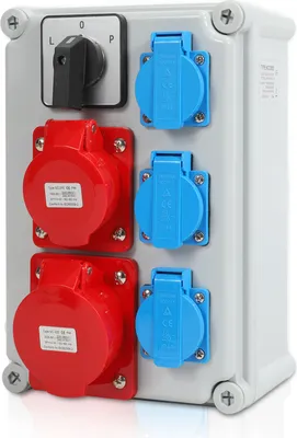 Immagine prodotto di Distributore di corrente da cantiere Clanmacy Distributore di corrente a parete con interruttore a camme L-0-P e MCB, a 5 poli con 3x prese Schuko e prese CEE 16/32A