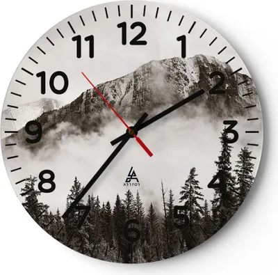 Produktbild von Wanduhr - Rund - Glasuhr - Nebel Berg Wald - 40x40cm - Schleichendes Uhrwerk - Lautlos - zum Aufhängen bereit - Dekoration Modern - Wanddekoration aus Glas - C4AR40x40-4936