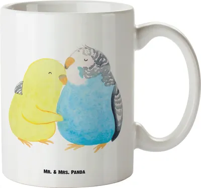 Produktbild von Mr. & Mrs. Panda jumbotasse Wellensittich Liebe - Weiß - Geschenk, Verknallt, Haferl, Vögel, weisse tasse, Freundin, Jumbo, Große, Umarmung, Pott, steingut, Kuscheln