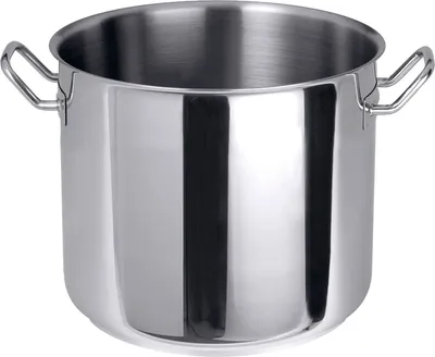A shiny, silver stainless steel pot with two handles is shown against a white background.