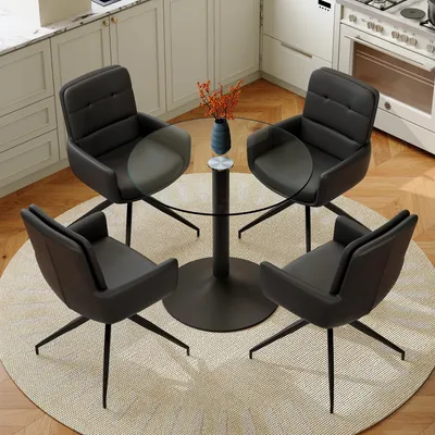 Image de Ensemble de table et chaises pour salle à manger, verre trempé, style t léger, structure métallique, 4 chaises pivotantes enPolyuréthane(noir, transparent)