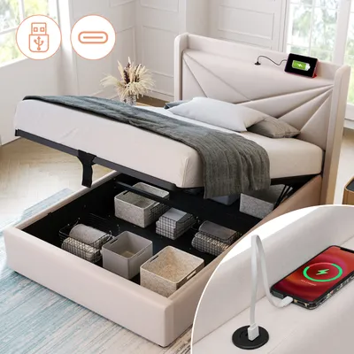 Produktbild von okwish Einzel-Polsterbett 90x200cm, mit Bettkasten-Stauraum, USB-Typ-C-Ladefunktion Kopfteil, massiver Bettrahmen mit Lattenrost, Beige (ohne Matratze)