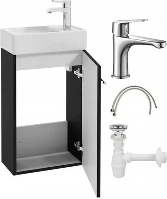 A bathroom vanity with a sink and faucet, along with separate plumbing components, displayed against a white background.