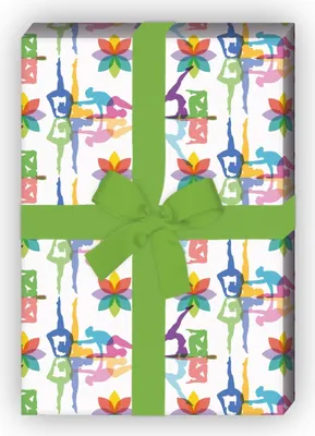 Produktbild von Buntes Yoga Geschenkpapier mit Yoga Figuren und Blüten auf weiß - G7506, 32 x 48cm