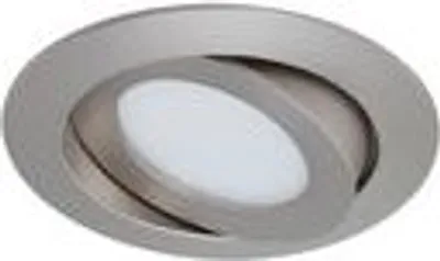 A close-up studio shot of a recessed LED ceiling light with a brushed nickel finish.