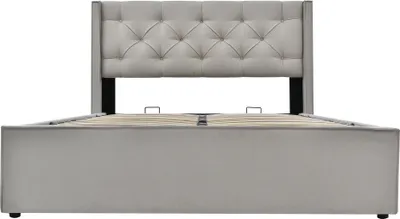 Produktbild von Merax Hydraulisches Boxspringbett 140x200cm Polsterbett mit Bettkasten und Stauraum, Lattenrost aus Metallrahmen, Ohrenform Doppelbett Funktionsbett Stauraumbett aus Baumwolle, Hellgrau