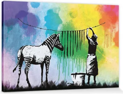 Produktbild von Banksy Obrázky Obraz na plátně na nosítkách rámu | XXL-nástěnný obraz plakát umění tisk jako plátno obraz - Zebra pruhy Washing Day (80 x 120 cm)