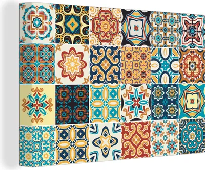 Obrázok produktu pre OneMillionCanvasses® - Obrazy na plátne - 140x90 cm, Kvety - Vintage - Vzor - Modrá - Oranžová, Nástenná umelecká tlač Nástenná dekorácia - Fotografia na plátne - Obraz na drevenom ráme
