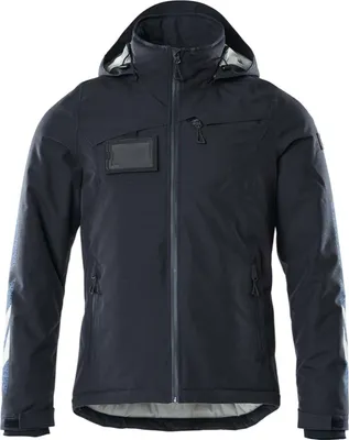 A studio shot of a dark blue winter jacket.