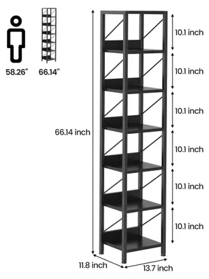 Image de Étagère de rangement étroite - Étagère autonome - Design élancé et gain de place - 6 à 7 étagères ouvertes - Structure métallique au style industriel - Noir