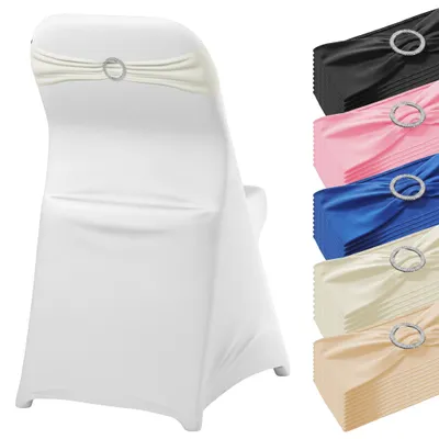 Obrázek produktu pro UISEBRT 100 ks stoličkových stužek s kulatou křišťálovou sponou, elastické stoličkové stužky ze 100 % polyesteru, 14 x 34 cm, roztažitelné až na 50 cm, dekorace na židle pro svatby, bankety, večírky a akce, bílá barva