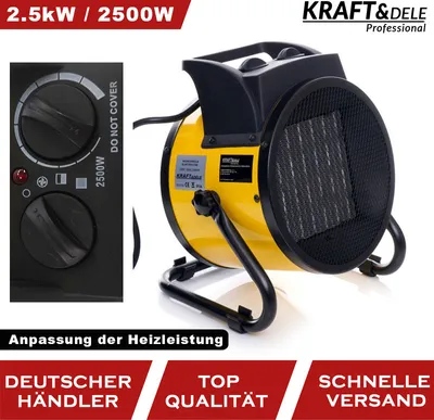 A yellow and black electric heater is shown with a control panel on the left. Text overlays highlight features and brand.