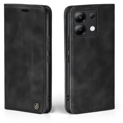 A black flip case for a smartphone is shown from two angles against a white background.