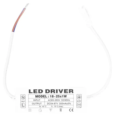 Zdjęcie produktu dla Sterownik LED, 18-25X1W, prąd stały 300mA, napięcie wejściowe AC 85-265V, napięcie wyjściowe 54-87VDC, transformator