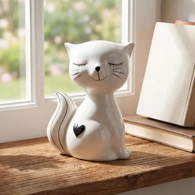 Produktbild von Katze Deko Figur Keramik H17cm Schwarz Weiß Skulptur Tischdeko Herz Wohndeko Katzenfigur Geschenk