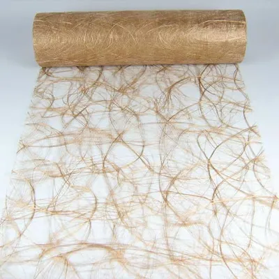 A roll of decorative fabric with a natural fiber texture, unrolled to show its pattern.