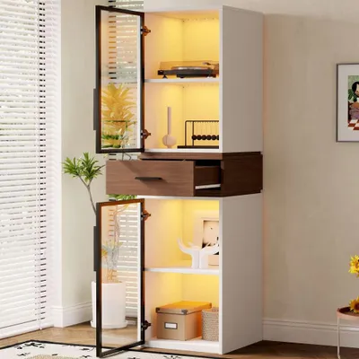 Produktbild von AIORBER Glasvitrine 200 cm mit LED Beleuchtung weiß Hochschrank mit 2 Glastüren und Schublade schmaler Vitrinenschrank Wohnzimmer