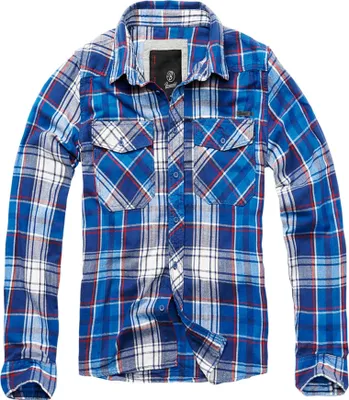 A blue plaid long-sleeved shirt is laid flat against a white background.