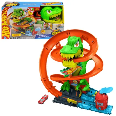 Produktbild von Hot Wheels City T-Rex-Feuerschlacht Spielset und Die-Cast-Spielzeugauto im Maßstab 1:64, gegnerischer Dinosaurier, Fahrzeug- & Schienen-Set, 4 Jahr(e), Kunststoff, Mehrfarbig