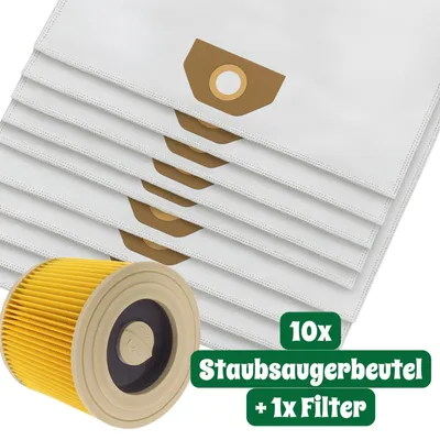 Produktbild von Valle Verde 10× Staubsaugerbeutel + Filter für Kärcher WD3 / SE4001 Synthetische Vliesbeutel Antiallergisch 3-lagige Filtration Reißfest & verstärkt