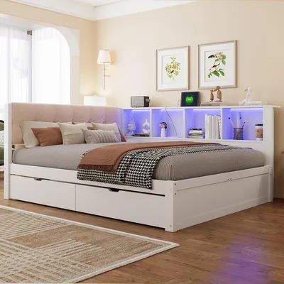 Immagine prodotto di Letto divano okwish 140×200 con ripiani e striscia LED, letto per ragazzi con porta USB e cassetti, letto singolo bianco, senza materasso