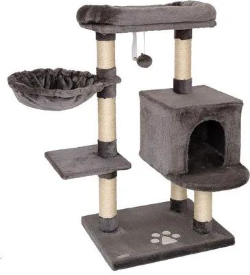 Productafbeelding van Kattenkrabpaal - Hoogte 93 cm - Sisal en pluche - Comfortabele ligplaatsen en holletjes - Donkergrijs