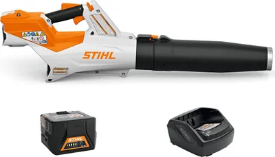 A Stihl leaf blower, battery, and charger are displayed against a white background.