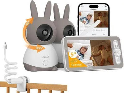 Produktbild von 2K/5,0 Zoll Split-Screen Babyphone mit 2 Kameras und APP PTZ 360° 4× Zoom IR-Nachtsicht Automatische Verfolgung Babyfon mit Halterung