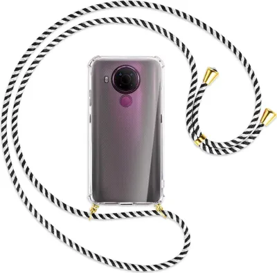 Produktbild von Handykette Backcover-Schutzhülle mit Band (Metall goldfarben) für Nokia 5.4 - schwarz/weiß gestreift