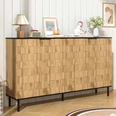Image de Buffet moderne en mosaïque à 2 portes aspect bois, meuble de rangement raffiné doté de pieds en métal noir, idéal pour le salon, la salle à manger et le couloir