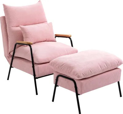 Produktbild von HOMCOM fotel skrzydłowy ze stołkiem, leżanka, fotel TV z odchylanym oparciem, poduszka, fotel z otomaną, fotel tapicerowany, fotel TV do salonu, sypialni, różowy, 68 x 91,5 x 88 cm