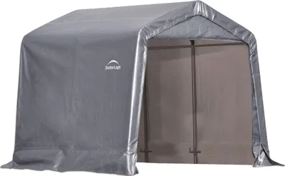 A gray tent garage or storage shed.