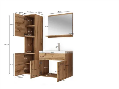 Image de MINIO go for it, Meuble de salle de bains, Set de 3 pièces, "MONAL", couleur châtaignier de Wroclaw avec lavabo