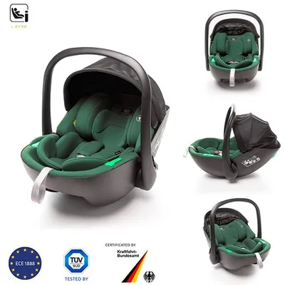 A collage of images showing a green baby car seat from different angles, with certification logos at the bottom.