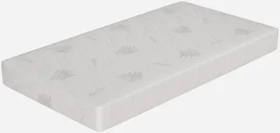 A white baby mattress with a subtle aloe vera pattern on a white background.