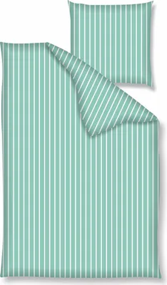 A duvet cover and pillowcase set with a mint and white stripe pattern.