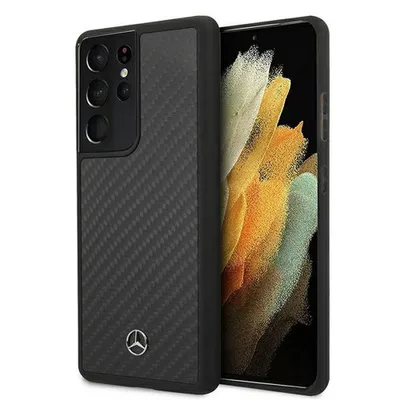 A smartphone case with a carbon fiber texture and a Mercedes-Benz logo is shown on a white background.