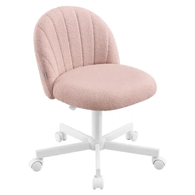 A pink fleece office chair with a white base and wheels, shown against a white background.