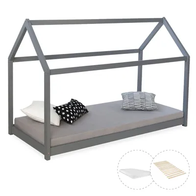 Produktbild von Homestyle4u Kinderbett 90x200 Kinderhaus Hausbett Holzbett Grau mit Matratze mit ® Standard 100