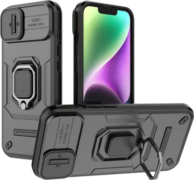 Image de Étui pour iPhone 15 étui double couche avec protection coulissante de l'appareil photo et support d'anneau, stand noir