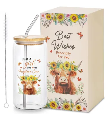 Produktbild von Glasbecher mit Hooglandkoe-Design – 500 ml – Wiederverwendbar