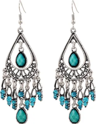 Produktbild von Boho-Ohrring für Damen, hohl, geschnitzt, künstlicher Edelstein, Quaste, Tropfen-Ohrhänger, Schmuck-Blau