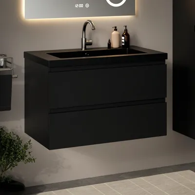 Produktbild von Mirlux Badezimmermöbel-Set Schwarz Eiche 80 cm – Schwarz Waschbecken – Badezimmermöbel-Set – Waschtischunterschrank Eiche Schwarz