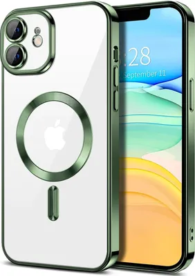 Image de Coque transparente magnétique pour iPhone 11, compatible MagSafe, coque de protection galvanisée avec protection de l'appareil photo vert foncé