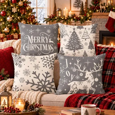 Image de Lot de 4 housses de coussin de Noël, 45 x 45 cm, couleurs variées, mélange de lin, pour décoration de canapé ou de chambre
