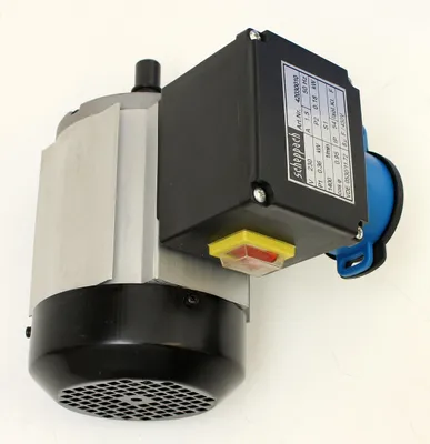 A close-up, slightly angled view of an electric motor with a control box and a blue plug attached, set against a plain white background.